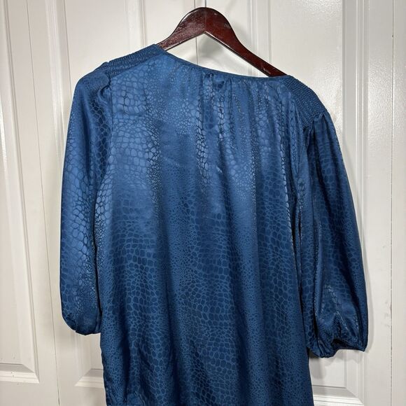 Zac & Rachel Blouse Womens 1X Teal Satin Animal Print Puff Sleeve Boho Chic Top - Picture 6 of 11